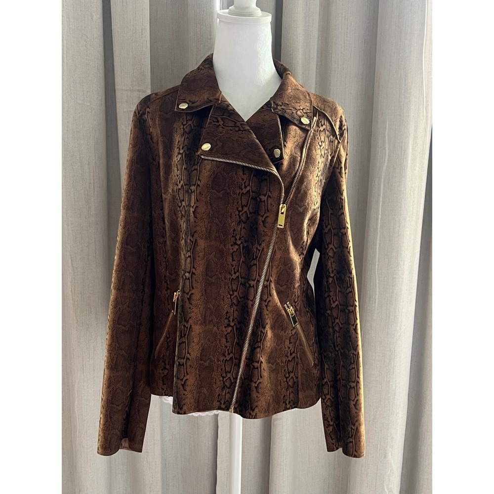 Philosophy Jacket Womans Large Snakeskin Moto  Brown Gold Hardware‎ Faux Leather